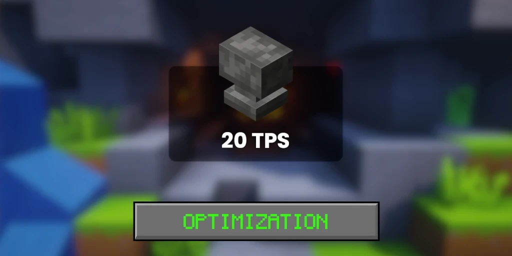 A graphic showing an anvil icon above “20 TPS” and a grey button labeled “OPTIMIZATION” in green pixel-style text.