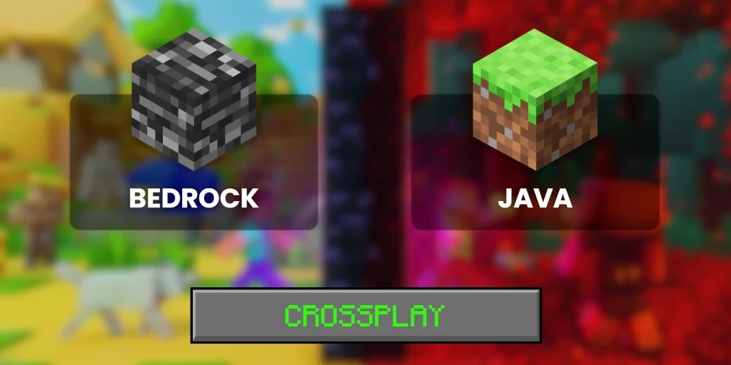 “BEDROCK” with a bedrock block icon on the left, “JAVA” with a grass block on the right, and a grey “CROSSPLAY” button in green pixel text at the bottom.